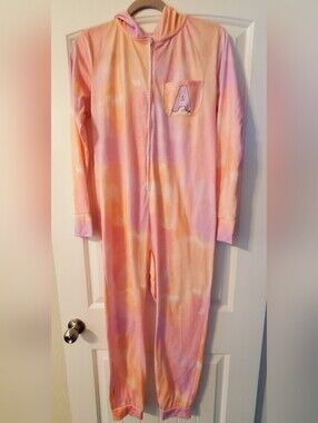 Justice Girls  Pink & Peach Tie-Dye Hooded One-Piece Pajama